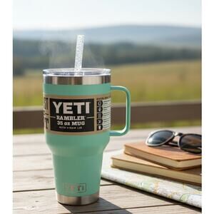 Yeti Rambler 35 oz Tumbler Mug Straw Lid Seafoam Green Thirst Aid Kit Cup Gift